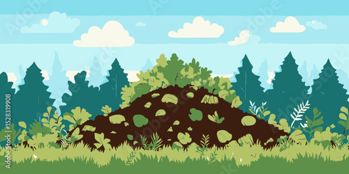 Compost pile in a lush green environment with trees and clouds illustrating eco-friendly gardening practices