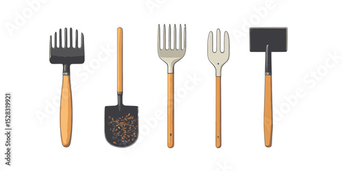 Essential gardening tools displayed in a flat design vector illustration for gardening enthusiasts