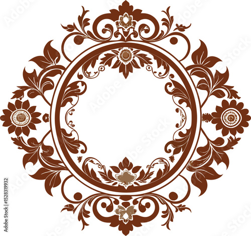 frame, vintage, ornate, floral, brown, design, element, decoration, decorative, border, circle, round, flourish, leaves, swirls, elegant, retro, classic, invitation, wedding, greeting card, label, emb
