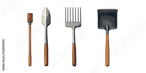Essential gardening tools depicted in a flat design vector illustration showcasing their simplicity and functionality