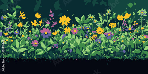 Colorful wildflower garden blooming under a twilight sky with butterflies fluttering above
