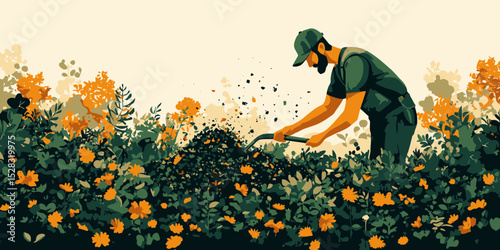 Gardener working in a vibrant flower garden during daylight, cultivating soil and nurturing plants for growth