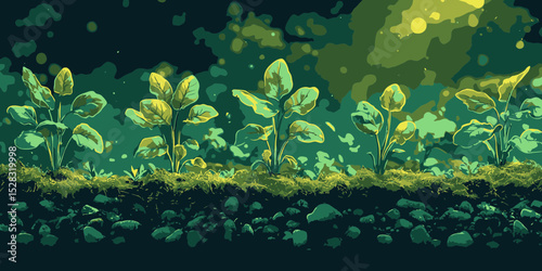 Vector illustration of a nighttime garden with growing plants under a moonlit sky