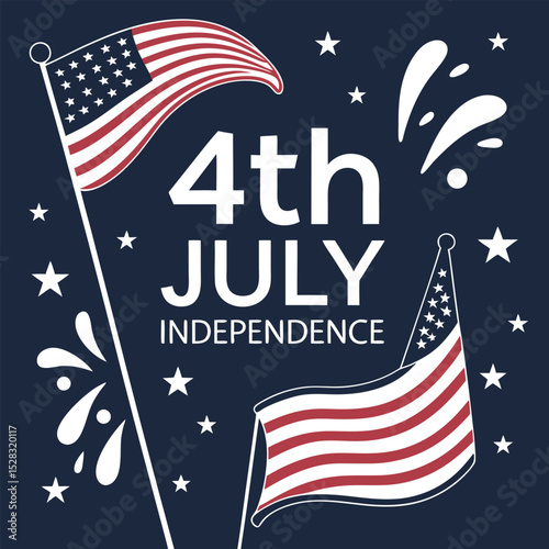 A fourth of july graphic with american flags stars and fireworks on a dark blue background design