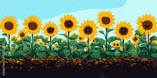 Colorful sunflower field under a clear blue sky in a minimalist flat vector illustration style