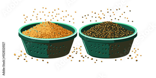 Colorful bowls filled with yellow and black mustard seeds against a white background for culinary use