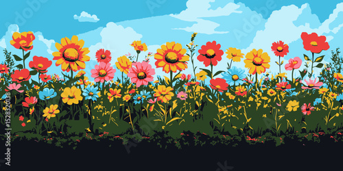 Vibrant flower field under a bright blue sky with scattered clouds showcasing various colorful blooms during daytime