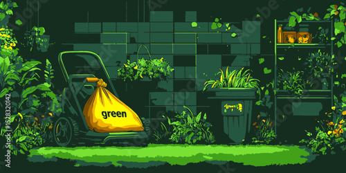 Lawnmower with a bag in a garden setting during a bright sunny day