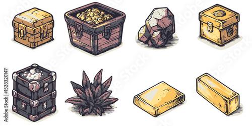Collection of solid black shadow silhouette icons featuring various treasure chests, gems, and precious materials in a vector style