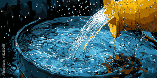 Stylized vector art close-up of a rain barrel showcasing vivid water flow and splashes against a dark background