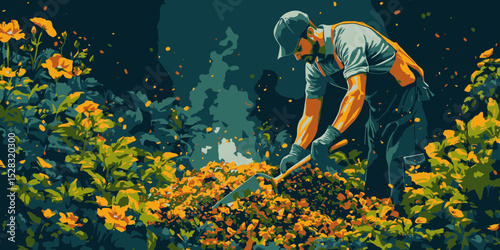 Gardener working in a lush garden plot surrounded by vibrant flowers during the day