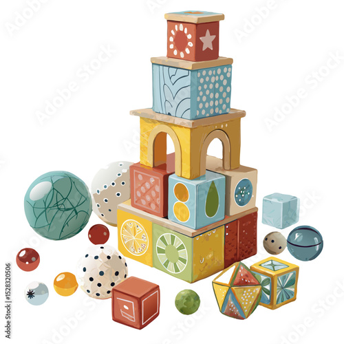 Whimsical Toy Tower – Stacked Marbles and Building Blocks Vector Illustration