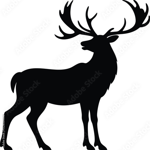 Deer stag silhouette isolated on white background with large antlers