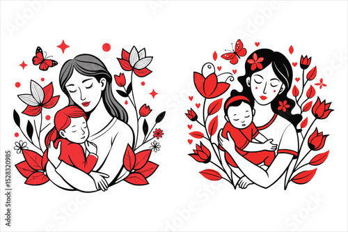 Mother's Day: Two heartwarming illustrations of mothers embracing their children amidst blooming flowers and butterflies.