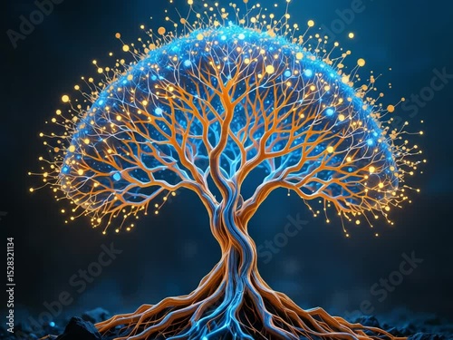 4K video of futuristic digital tree with glowing lights and visual effect, symbolizing growth and data network, tech branding and environmental campaigns