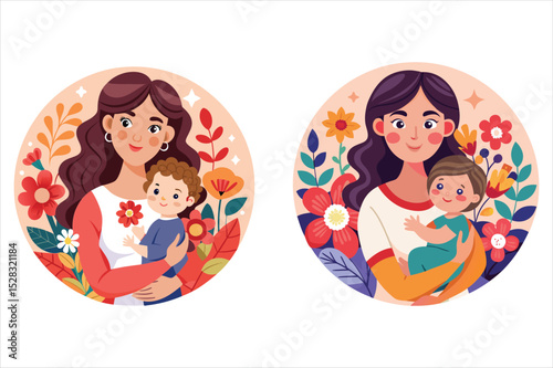 Two heartwarming illustrations of mothers embracing their toddlers, surrounded by vibrant flowers and leaves, celebrating motherhood