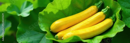 Vibrant yellow zucchini nestled in green leaves, garden, green, farm