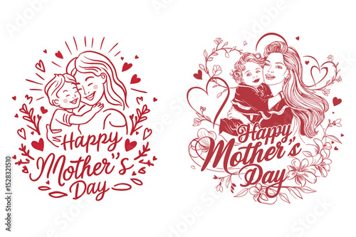 Two heartwarming Mother's Day designs featuring mothers embracing their children, adorned with hearts and flowers.