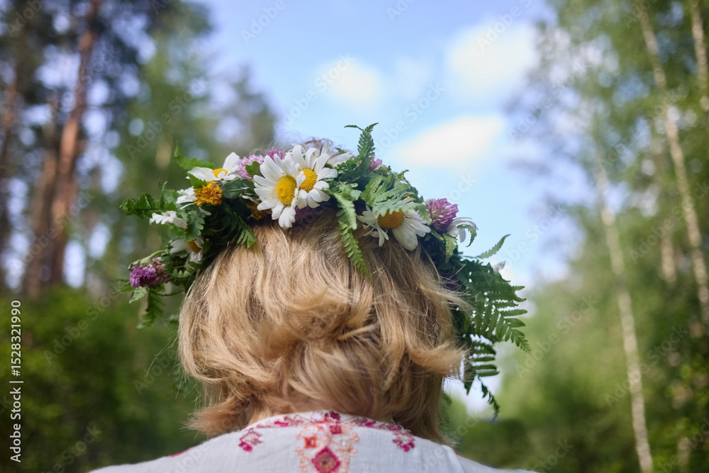 Naklejka premium Girl in flower wreath. Summer Solstice Day, Midsummer,