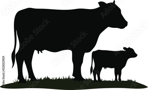 Cow and calf silhouette isolated on white background