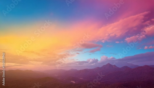 「幻想的な虹色グラデーションの風景アート｜空と山のカラフルな世界」

