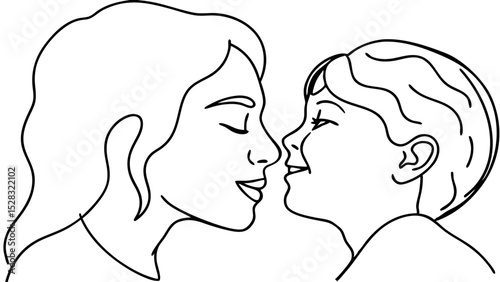 Line art illustration of a mother and her child sharing a loving moment, symbolizing affection and family bonds