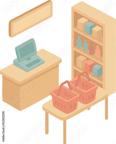 Isometric illustration of a small store checkout area with a register, display shelf, and two shopping baskets on a table.