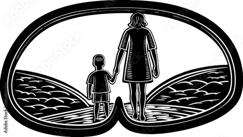 Black and white illustration of a mother and child walking hand in hand, symbolizing family love and connection