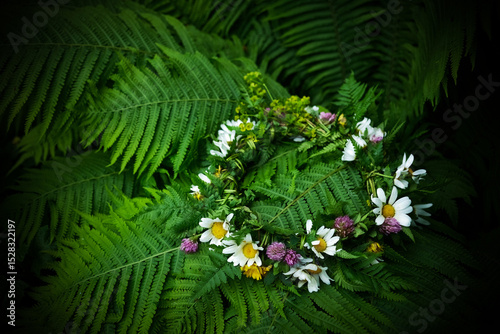 Konstfotografi Summer Solstice Day, Midsummer, Floral Wreath on Ferns