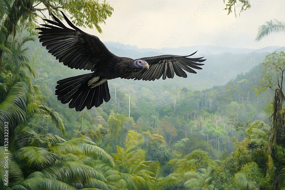 Obraz premium clearing vulture flying over rainforest black