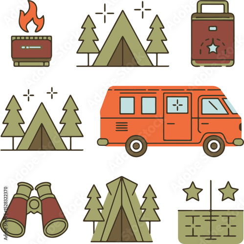 Adventure vector art showing camping essentials like tents, binoculars, camper vans, and nature.
