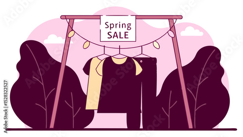 Spring sale sign with clothing display for retail promotions and marketing campaigns