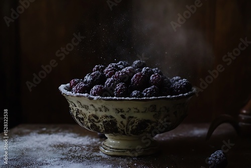 dusting blackberries in antique bowl with sugar