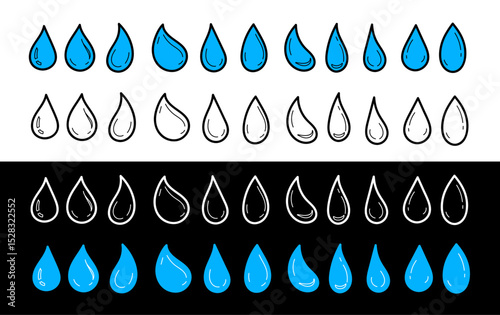 Doodle water drop shape. Hand drawn water drops set. Water or oil drop cartoon.