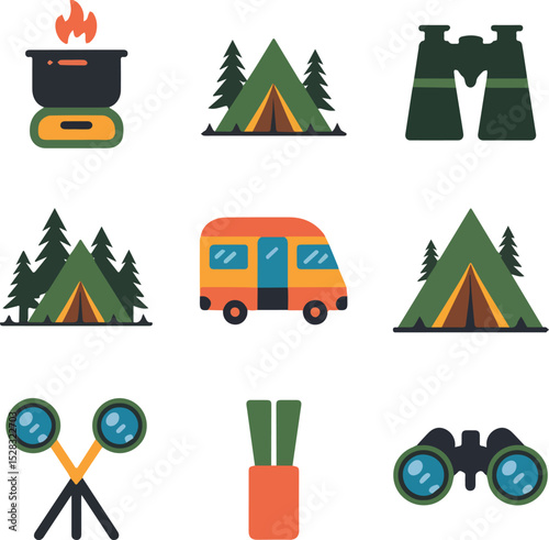 Colourful camping vector set with tents, camper van, trees, fire, and outdoor equipment for adventure and hiking design
