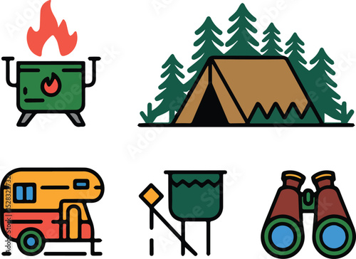 Flat forest camping set with gear, marshmallow fire, and mountain landscape for outdoor design.