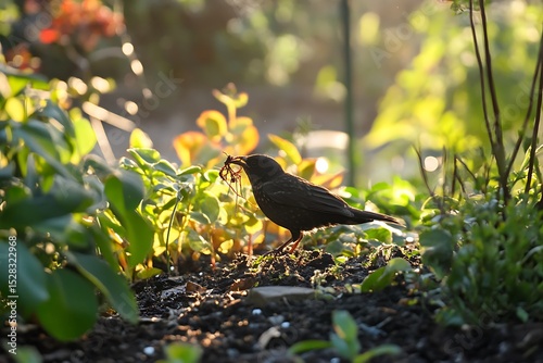 garden blackbird pulling worms in early morning