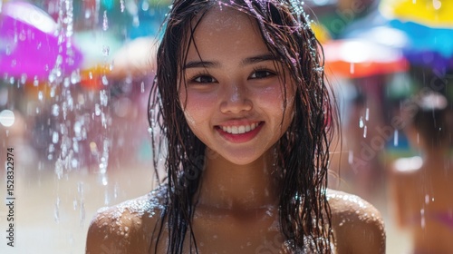 Charming solo woman with confused smile during chaotic Thai water fight