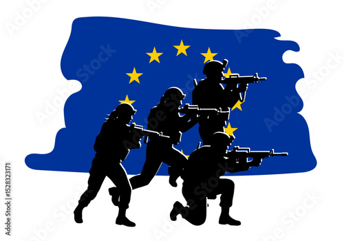 Silhouettes of soldiers against the European Union flag isolated on transparent background. EU army and common defense policy concept. Geopolitics banner, military alliance vector illustration.