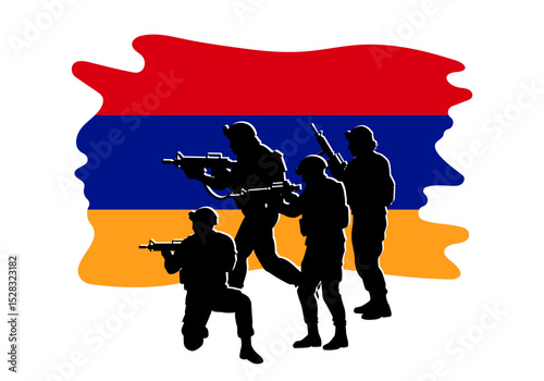 Silhouette of Armenian soldiers with weapons against the flag of Armenia isolated on transparent background. Banner with special forces. Military, army, and national defense vector illustration.