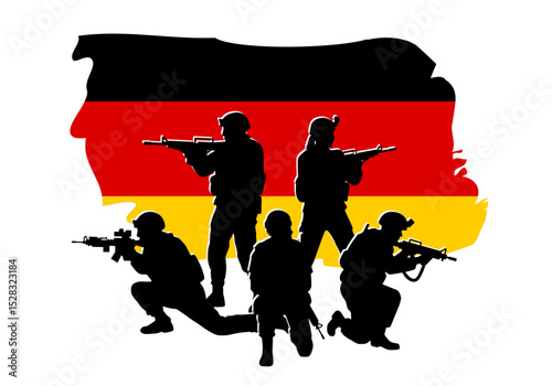 Armed soldier silhouettes in combat positions over the German flag, representing Germany's military, defense forces, NATO role, or geopolitical power in war or international conflict.