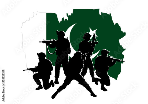 Silhouette of a Pakistan army special forces unit. Soldiers with rifles in tactical formation on the flag of Pakistan. Vector graphic of a military squad isolated on transparent background.
