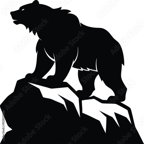 Bear silhouette stands on a rock isolated on white background