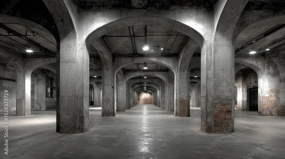 Fototapeta premium An old empty warehouse with concrete pillars and arched ceilings extends far away.