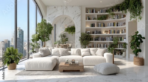 A modern living room with a large couch and plants has a city view outside.