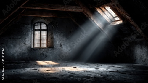 Sunbeams stream through a window in the spooky old abandoned attic room.