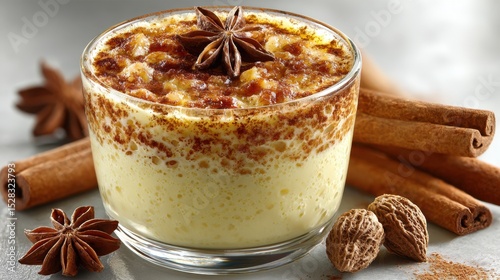 Creamy rice pudding dessert is served in a glass with spices for breakfast.