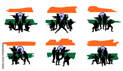 Set of banners with silhouettes of an Indian army special forces squad. Soldiers with guns in combat positions against the flag of India. Vector illustration of military team on transparent background