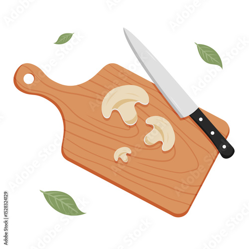 Chopped mushrooms and knife on wooden cutting board with leaves