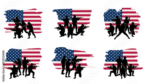 Armed US soldier silhouettes positioned in front of the American flag, symbolizing United States military power, army operations, defense, global influence, and international warfare. Set of banners